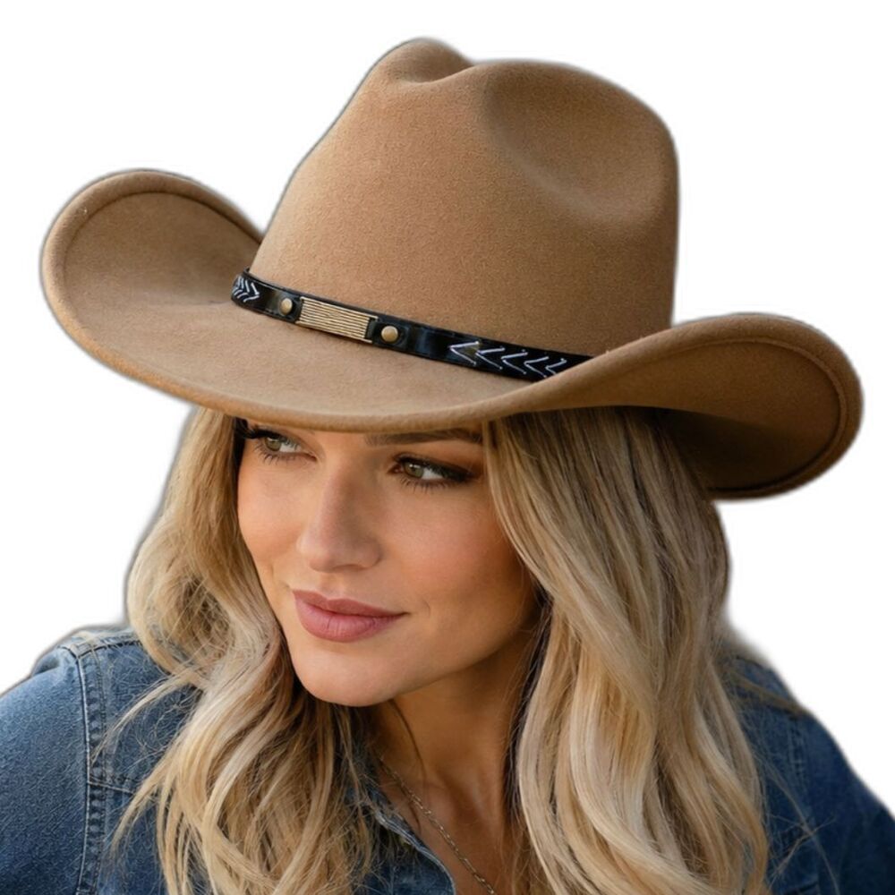 Wide Brim Wool Fedora Cowboy Hat with Leather Band